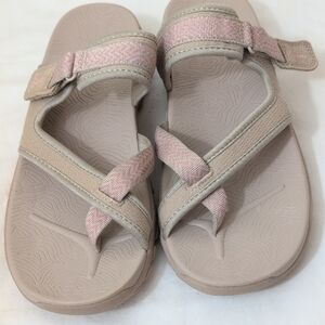 Skechers Beige Slide Sandals with Pink Logo Accent
